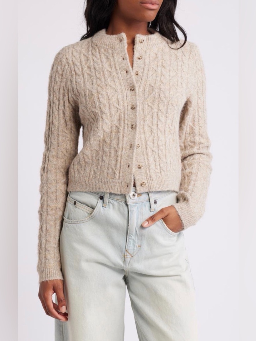 NWT Topshop Cable Stitch Cropped Cardigan Sweater in Oat Stone Neutral XS